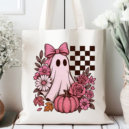 Retro Pink Coquette Ghost Girl with Bow Halloween トートバッグ