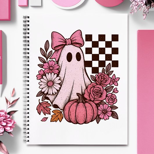 Retro Pink Coquette Ghost Girl with Bow Halloween ノートブック