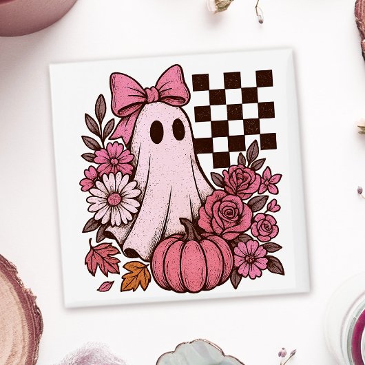 Retro Pink Coquette Ghost Girl with Bow Halloween マグネット