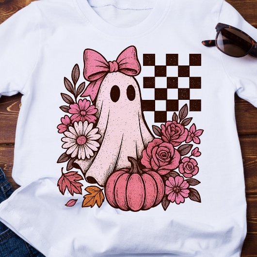 Retro Pink Coquette Ghost Girl with Bow Halloween Tシャツ