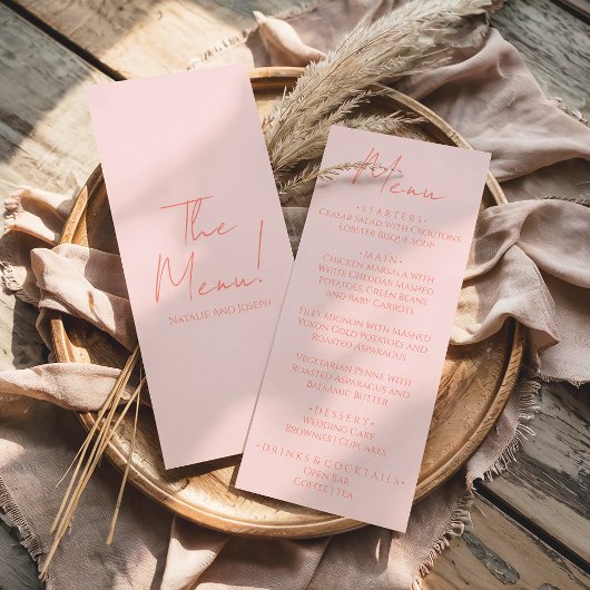 Retro Pink Coral Hand Written Pastel Wedding Menu メニュー