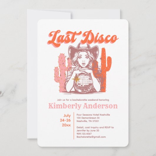 Retro Pink Cowgirl Last Disco Bachelorette Weekend 招待状 (正面)