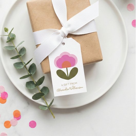 Retro Pink Cute Flower Personalized From Name ギフトタグ