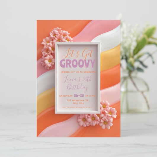 Retro Pink Daisy and Orange Gummy Waves Birthday 招待状 (スタンド正面)