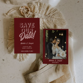 Retro Pink Deep Red Modern Unique Photo Wedding セーブザデート