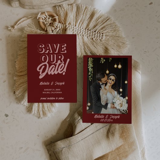 Retro Pink Deep Red Modern Unique Photo Wedding セーブザデート