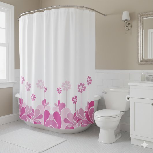 Retro Pink Floral Boho Shower Curtain シャワーカーテン