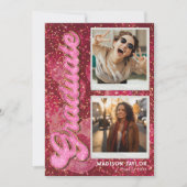 Retro Pink Glitter Disco Ball  2 Photo Graduation 案内状 (正面)