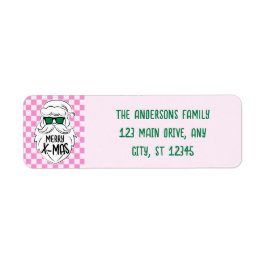 Retro Pink Green Checkered Santa Claus Christmas ラベル