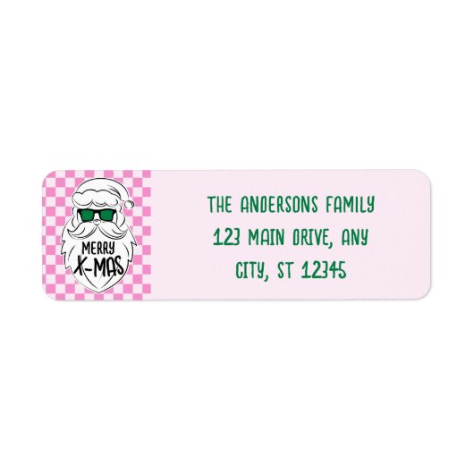 Retro Pink Green Checkered Santa Claus Christmas ラベル (正面)