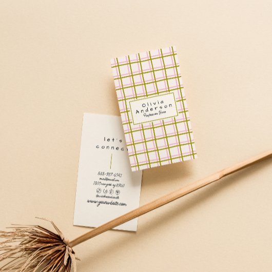 Retro Pink Green Checkered Stripes Trendy Boho  名刺