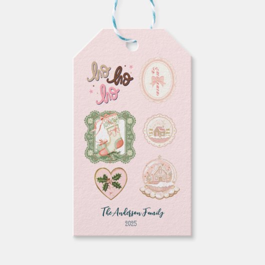 Retro Pink Green Christmas ギフトタグ (正面)