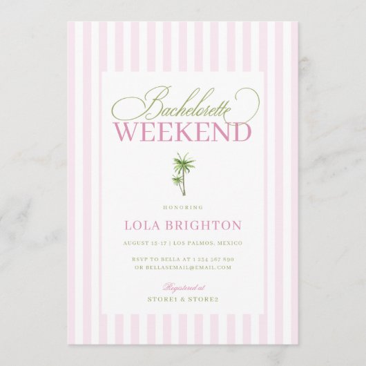 Retro Pink Green Palm Beach Bachelorette Itinerary 招待状 (正面)