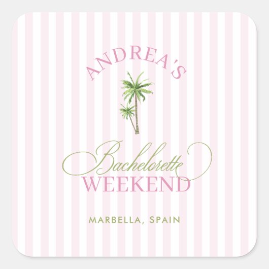 Retro Pink & Green Palm Tree Beach Bachelorette スクエアシール (正面)