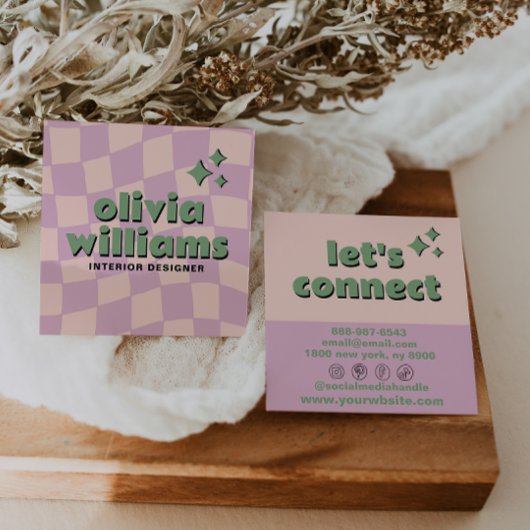 Retro Pink Green Pastel Groovy Checkered Girly Fun スクエア名刺