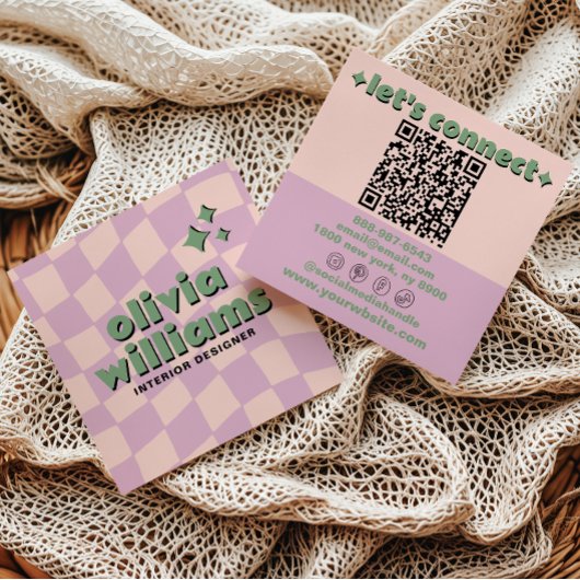 Retro Pink Green QR Code Groovy Checkered Girly スクエア名刺