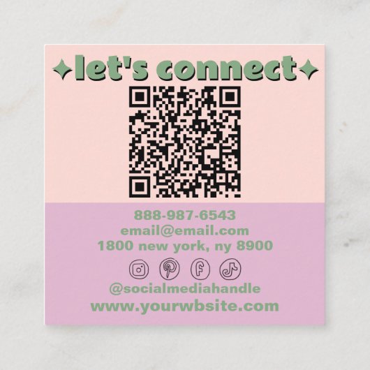 Retro Pink Green QR Code Groovy Checkered Girly スクエア名刺 (裏面)
