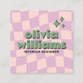 Retro Pink Green QR Code Groovy Checkered Girly スクエア名刺 (正面)