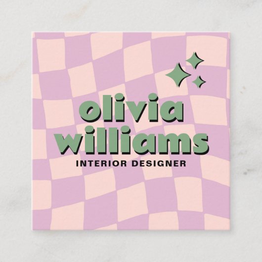 Retro Pink Green QR Code Groovy Checkered Girly スクエア名刺 (正面)