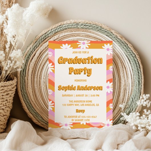 Retro Pink Groovy Daisy Floral Graduation Party 招待状