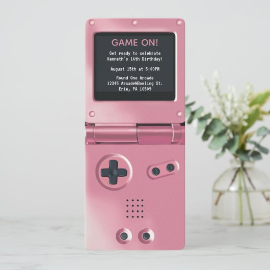 Retro Pink Handheld Gaming Birthday Invitation 招待状 (スタンド正面)