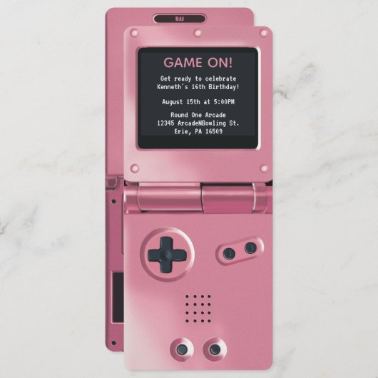 Retro Pink Handheld Gaming Birthday Invitation 招待状 (正面/裏面)