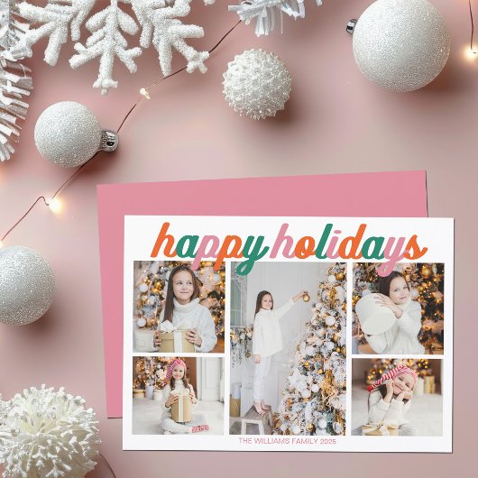 Retro Pink Happy Holidays 5 Photo Collage シーズンカード