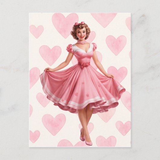 Retro Pink Hearts Romance Card Postcard  シーズンポストカード (正面)