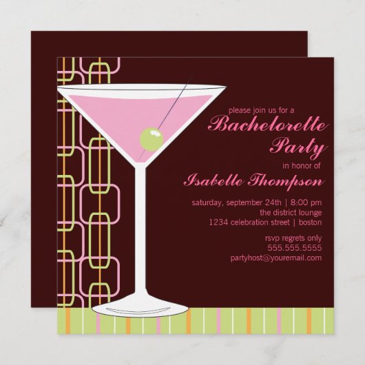 Retro Pink Martini Bachelorette Party Invitation 招待状 (正面/裏面)