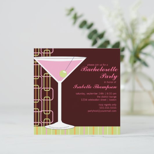 Retro Pink Martini Bachelorette Party Invitation 招待状 (スタンド正面)