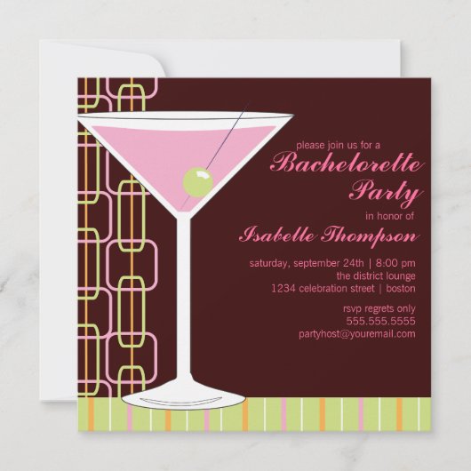 Retro Pink Martini Bachelorette Party Invitation 招待状 (正面)