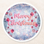 Retro Pink Merry Christmas ラウンドペーパーコースター (正面)