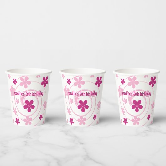 Retro Pink Modern Flower Girly Any Age Birthday 紙コップ (複数)