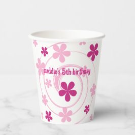 Retro Pink Modern Flower Girly Any Age Birthday 紙コップ