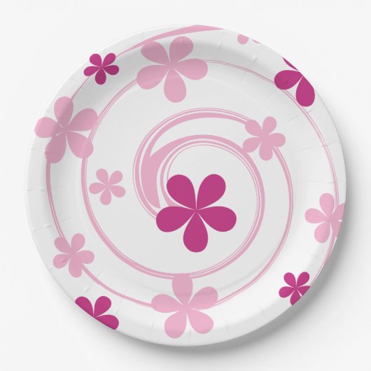 Retro Pink Modern Flower Girly Party ペーパープレート (正面)