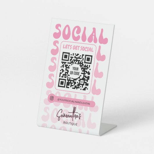 Retro Pink Modern Logo Social Media QR Code 台座サイン (正面)