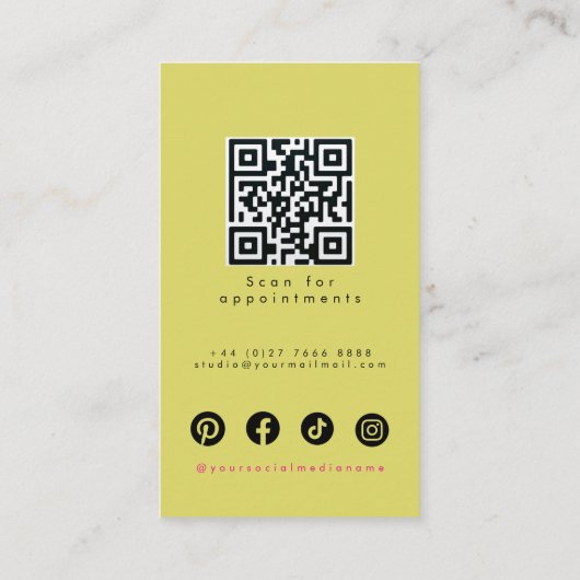 Retro Pink Olive Green Hair Styling Flat Design QR 名刺 (裏面)