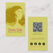 Retro Pink Olive Green Hair Styling Flat Design QR 名刺 (正面/裏面)
