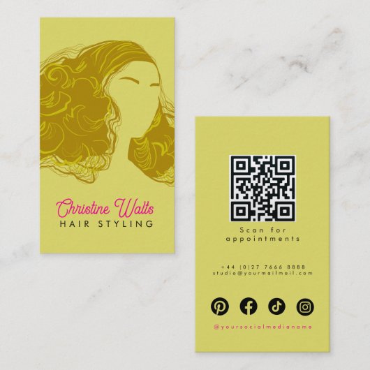 Retro Pink Olive Green Hair Styling Flat Design QR 名刺 (正面/裏面)