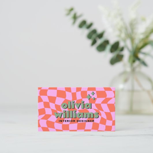 Retro Pink Orange Boho Groovy Checkered Unique 名刺 (スタンド正面)