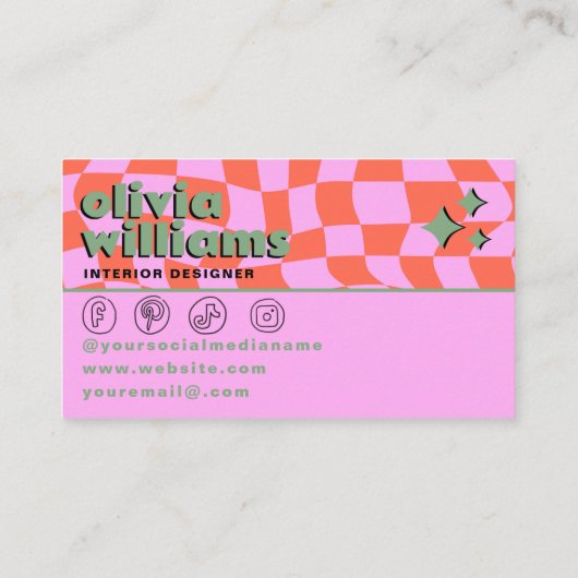 Retro Pink Orange Boho Groovy Checkered Unique 名刺 (裏面)