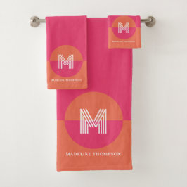 Retro Pink Orange Geometric Modern Monogram バスタオルセット