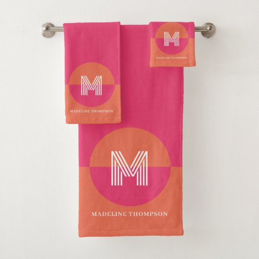 Retro Pink Orange Geometric Modern Monogram バスタオルセット (インサイチュ)