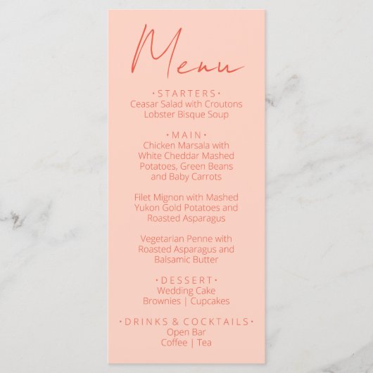 Retro Pink Orange Hand Written Wedding Menu メニュー (正面)