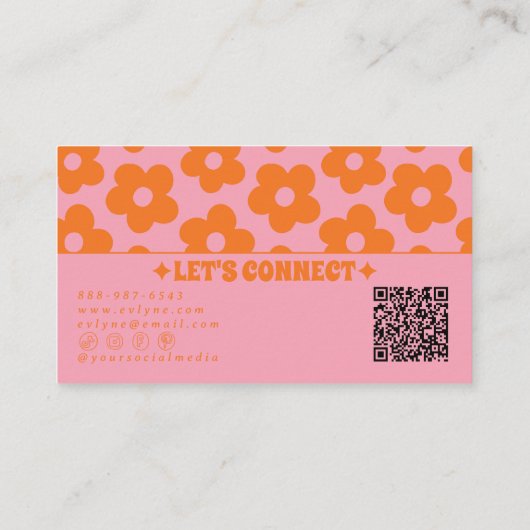 Retro Pink Orange QR Code Groovy Floral Boho Girly 名刺 (裏面)