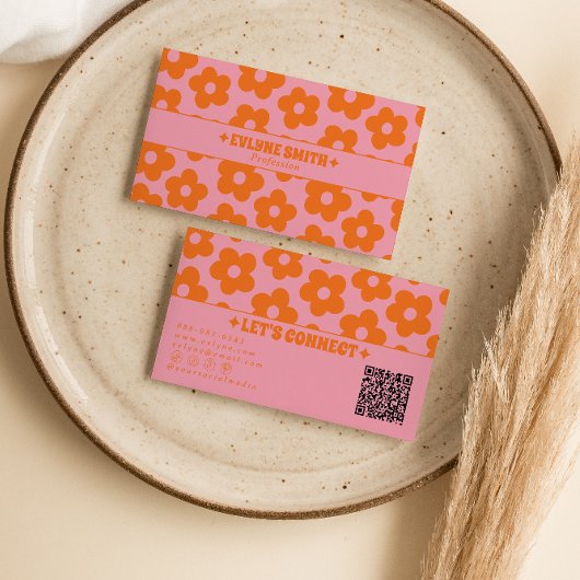 Retro Pink Orange QR Code Groovy Floral Boho Girly 名刺