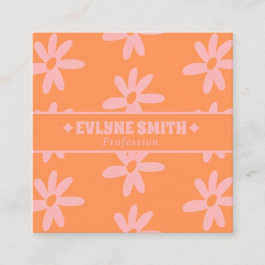 Retro Pink Orange QR Code Groovy Floral Girly スクエア名刺 (正面)