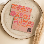 Retro Pink Orange QR Code Groovy Smiling Flowers  名刺