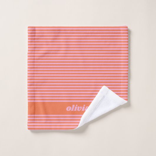 Retro Pink Orange Stripe Personalized Name バスタオルセット (ウォッシュタオル)