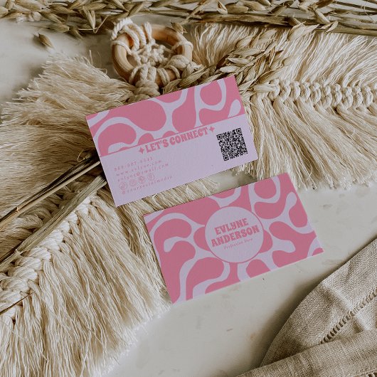 Retro Pink Pastel QR Code 70s Groovy Girly Trendy 名刺